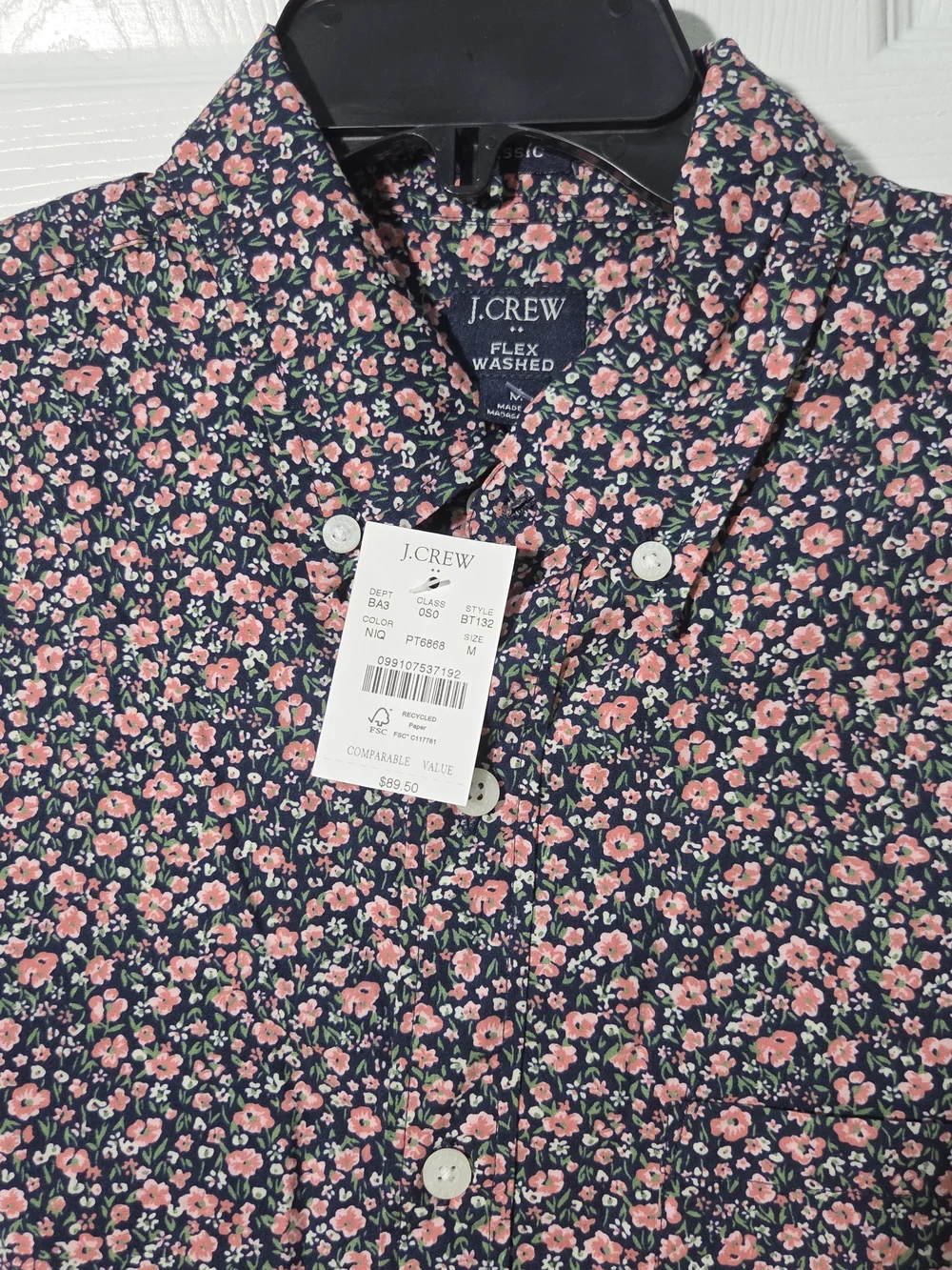 J. Crew Flex Casual Navy and Pink Floral Button-Down Shirt Long Sleeves Sz M